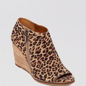Lucky Brand leopard print peep toe wedge bootie.